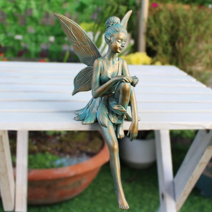 Vintage Bronze Sitting Fairy Statue Outdoor Garden Decor, 7" Tall Resin Angel Figurine Home Shelf Sitter Yard Art Sculpture for Patio Lawn Porch Ornaments