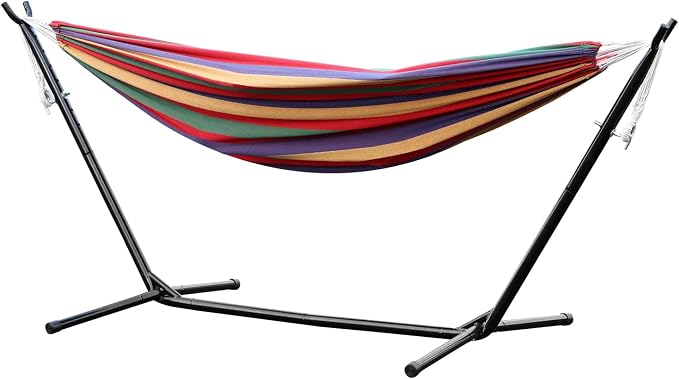 Basics Double Hammock with Space Saving Metal Stand, Indoor Hammock Stand with Carrying Bag, Strong Load-Bearing, Striped Print Red Red