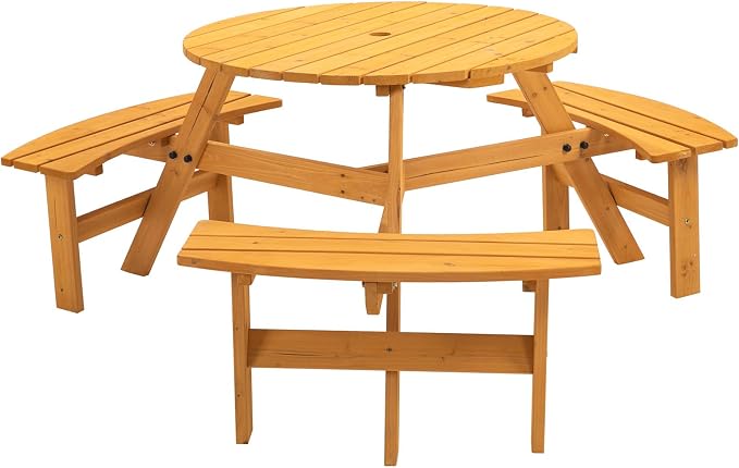 8-Person Round Picnic Table with 4 Built-In Benches & Umbrella Hole, Wooden Picnic Tables for Outdoors, Patio, Backyard, Garden, 66.92"X66.92"X27.55, 2220lb Capacity (Round, Natural, 6-Person)