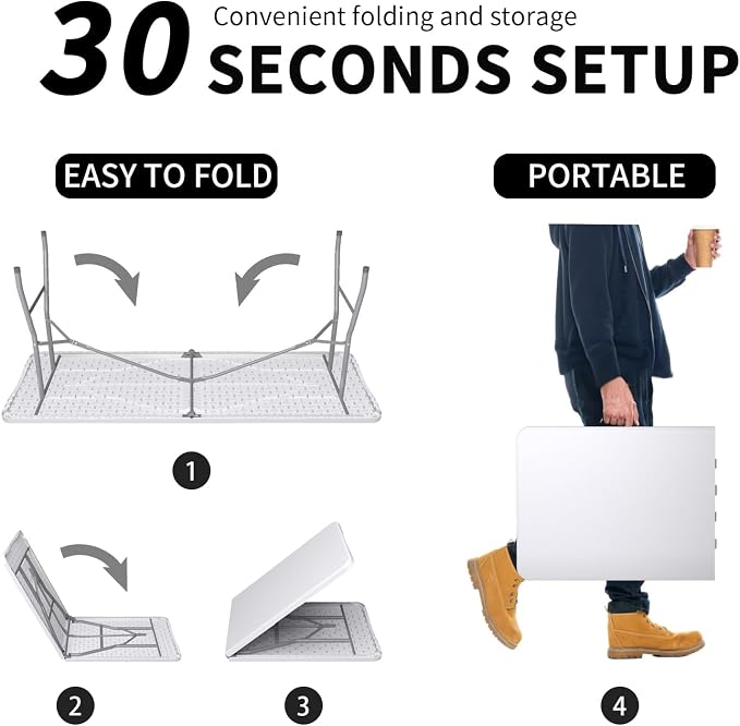 6FT Folding Tables – Heavy Duty Portable Foldable Picnic Table with Built-in Handle, 450 lb Capacity – Ideal for Events, Parties, Crafts, Camping & Dining (6-Pack, White)