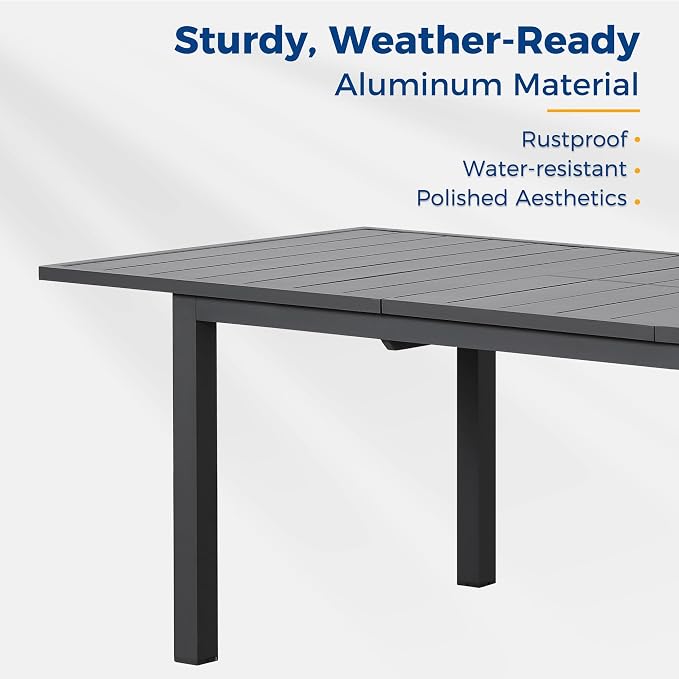 Aluminum Extendable Outdoor Dining Table, 68"-91.5" Adjustable Length Oversized Patio Table for 6-10 People, All-Weather Patio Dining Table with Adjustable Feet for Deck Balcony Garden, Grey