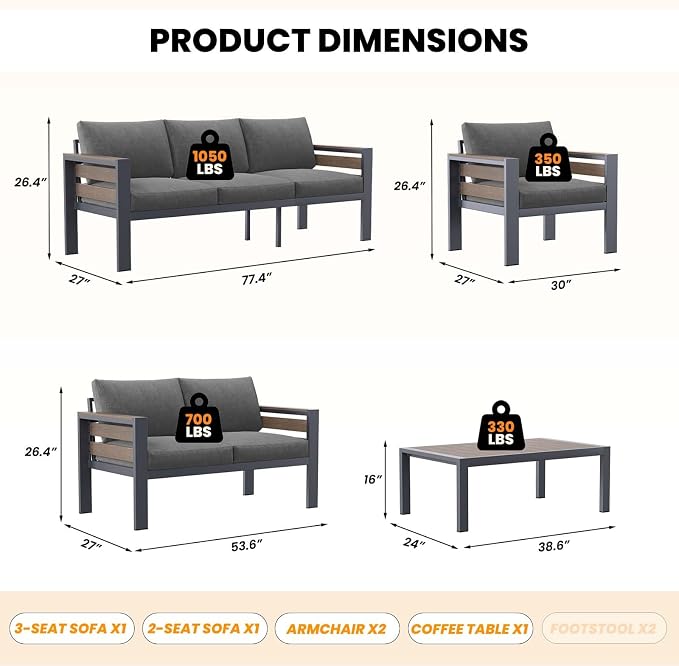 DoCred Aluminum Patio Furniture Set, 5-Piece Modular Patio Conversation Set with Widened Armrests and Thickened Cushions, Metal Outdoor Furniture Set for Porch, Balcony, Deck, Yard, Poolside