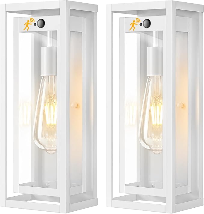 15" Motion Sensor Outdoor Lights, 2 Pack Large White Outdoor Light Fixture, 3 Lighting Modes Waterproof Anti-Rust Wall Sconces, Exterior Lighting Fixtures for Front Door, Porch, Garage