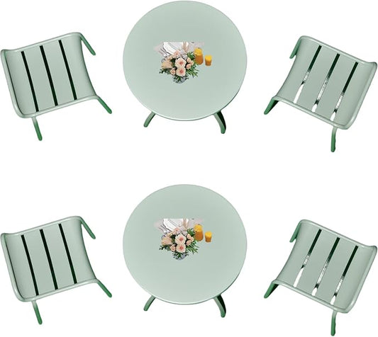 LOKKHAN 6-Piece Outdoor Patio Dining Set, Mint Green, 2 Round Tables and 4 Stackable Slatted Chairs, Minimalist Modern Poolside Garden Lounge Furniture, Sturdy Metal Frame, Balcony - Friendly