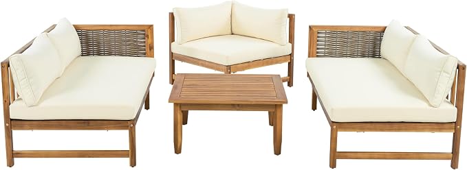 Christopher Knight Home Tenntt 5-Seater Acacia Wood Patio Furniture Set, Outdoor Conversation Sofa Chat Set with Coffee Table, Wicker Arm, Sectional Seating Group for Backyard Balcony, Teak+Beige