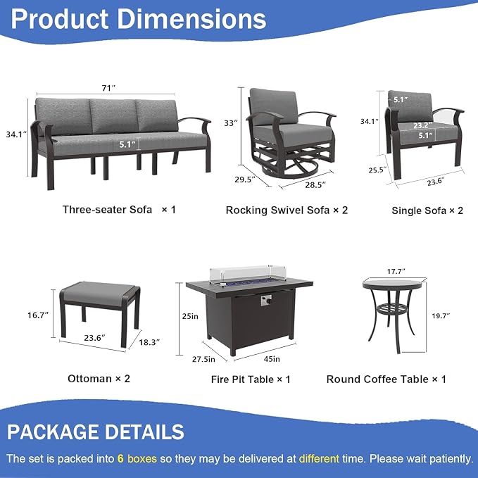 Kullavik Aluminum Patio Furniture Set,9 Piece Modern Metal Outdoor Patio Furniture w/5.1'' Thick Cushion,Swivel Chairs,Ottomans and Propane Fire Pit Table,Patio Conversation Sets for Porch,Deck,Grey