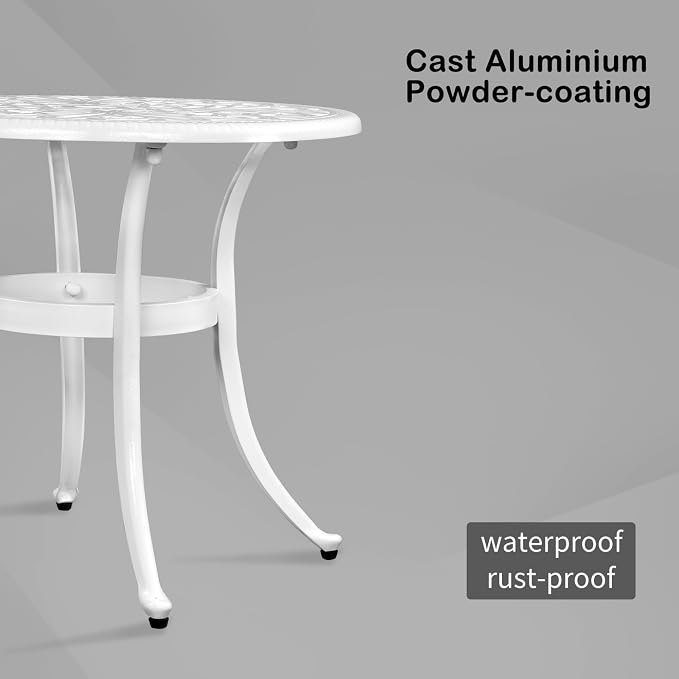 Outdoor Round Side Table with Classical Floral Design, 23.6” Aluminum Round Patio Table for Indoor & Outdoor Use, (White)