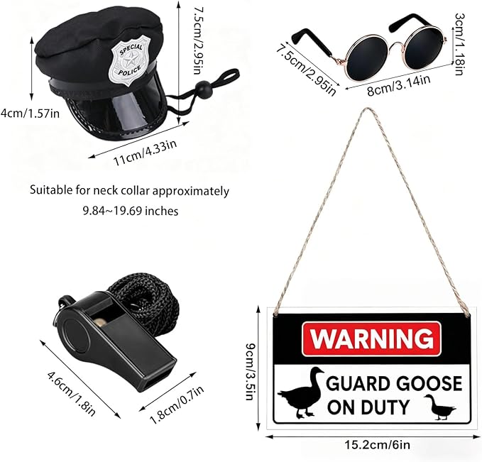 4 Pcs Guard Goose Porch Goose Outfits, Funny Police Costume with Cap, Sunglasses, Whistle and Warning Sign for 17/23 Inch Lawn Goose Statue, Yard Patio Garden Decor Accessories