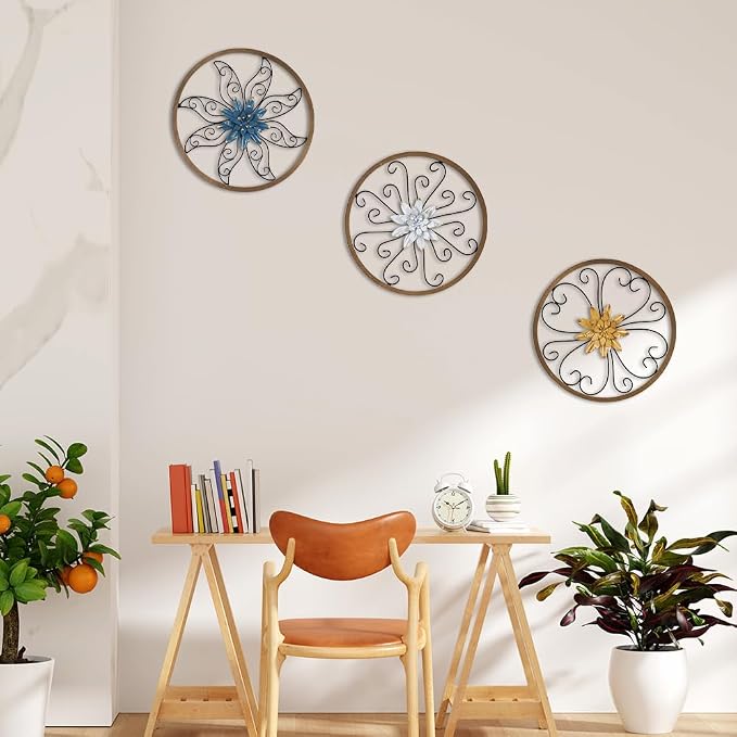 hogardeck Metal Flower Wall Decor - 3 pcs 11" Metal Wood Floral Wall Decoration with 6 Piece Interchangeable Flowers, Hanging Rustic Wall Art for Bedroom, Living Room, Bathroom, Kitchen