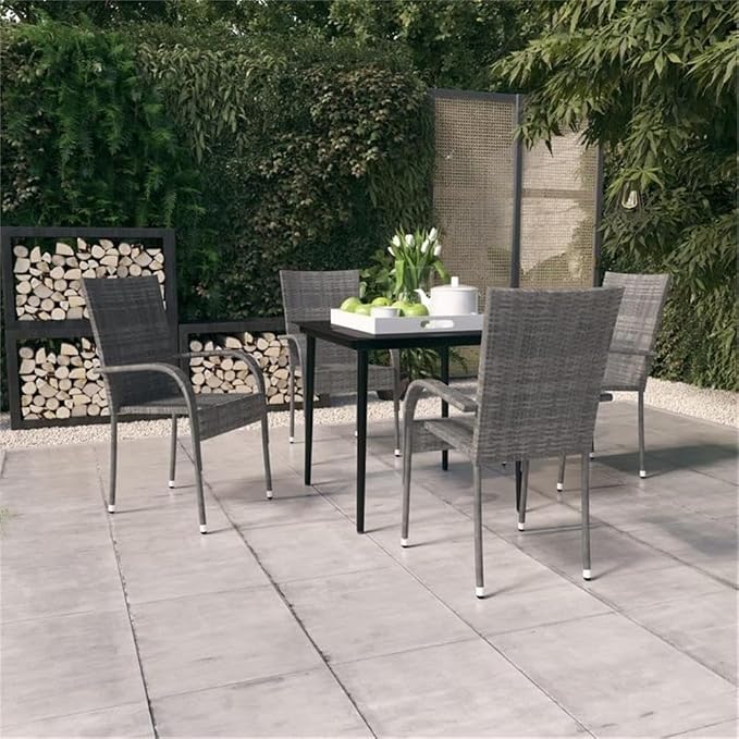 BOWERY HILL 5-Piece Patio Dining Set, Powder-Coated Steel and PE Rattan, Gray and Black Finish, Tempered Glass Tabletop, Contemporary Style Outdoor Garden Furniture for Balcony or Terrace
