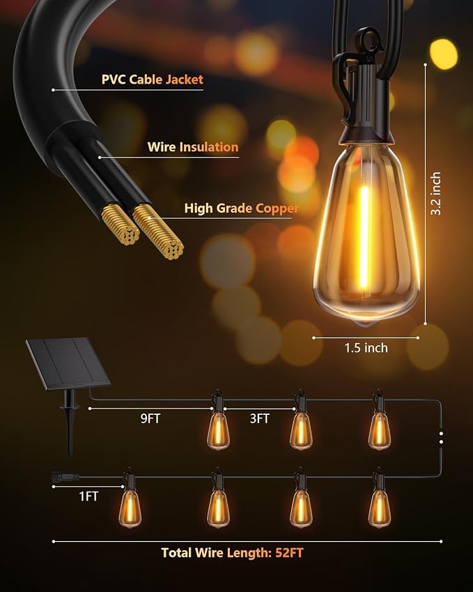 Brightown 52FT Solar String Lights Outdoor Waterproof with Remote, 15+1 LED Shatterproof Bulbs, Dimmable & Timable, 3 Light Modes - Commercial Grade Patio Lights for Garden Backyard Party Decor