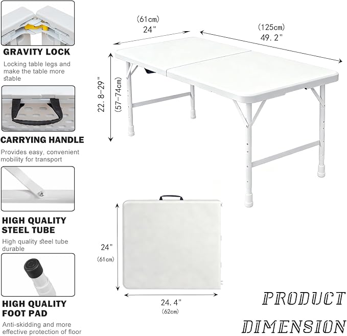 Portable Plastic Folding Table 4ft/6ft/8ft Heavy Duty White Black Picnic Dining Table Fold-in-Half for Camp Party Kitchen Indoor Outdoor (White, 4FT)