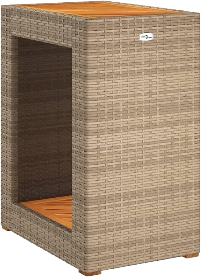 Patio Side Table with Wooden Top Beige 23.6"x15.7"x29.5" Poly Rattan Outdoor End Small Coffee Table for Patio Furniture, Garden, Backyard, or Living Room
