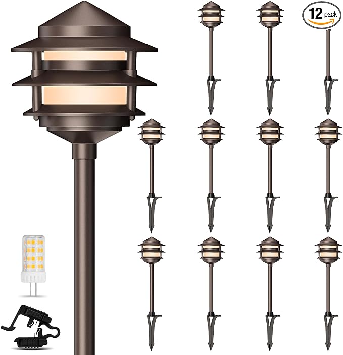 Pagoda Low Voltage Landscape Pathway Lights, 12V Outdoor LED Path Lights Wired, Aluminum Walkway Lighting with 4W 2700K Replaceable G4 Bulb, Bronze Classic 3-Tier Lantern, 12 Pack