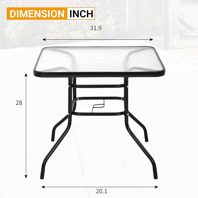 BLKMTY Outdoor Patio Table Bistro Metal Steel Frame Square Table Balcony Conversation Coffee Tables with Umbrella Hole Outside Garden Dining Tables with Tempered Glass Top, Black