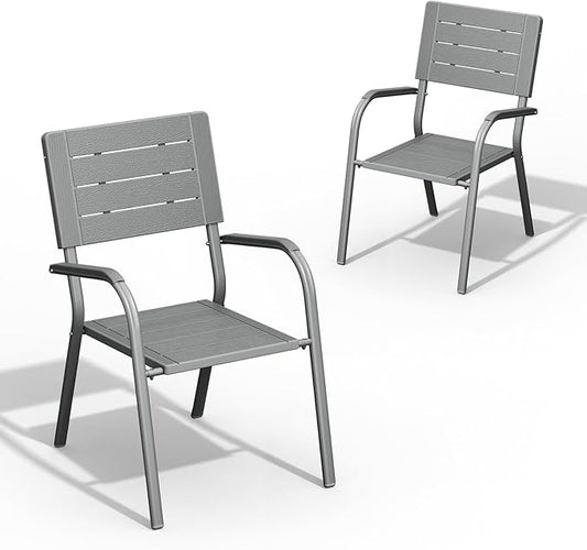 VINGLI Outdoor Patio Dining Chairs, Stackable HDPE All-Weather Arm Chairs, Weatherproof Outdoor Seating for Garden, Backyard, Poolside, Balcony,Grey (2 Pack)