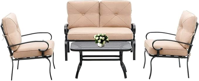 Outdoor Furniture Patio Conversation Set Loveseat, 2 Chairs, Coffee Table with Cushion, Lawn Front Porch Garden, Metal Chair Set Wrought Iron Look(Brown)