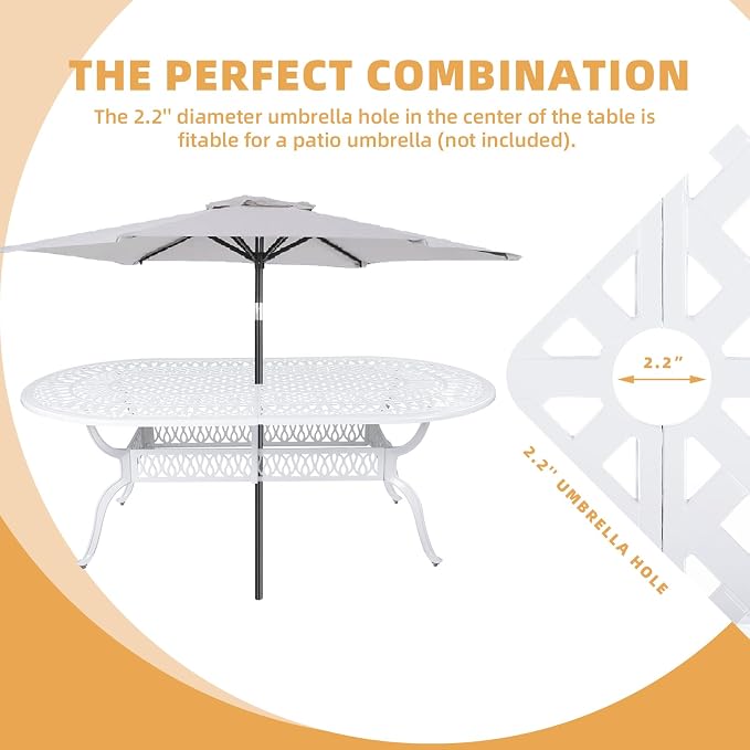 9-Piece Patio Dining Set, Outdoor Patio Table and Chair Set of 84” Oval Cast Aluminum Dining Table with Umbrella Hole, 6 Stationary, 2 Swivel Rocker Chairs, Patio Funiture Set, White