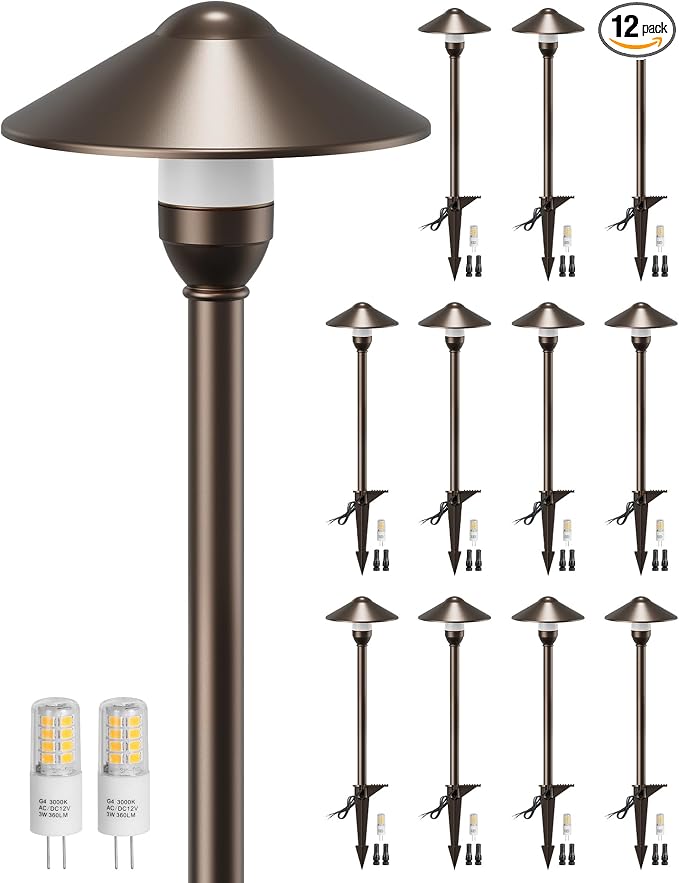 Low Voltage Landscape Lighting 12-Pack, Aluminum 12V Pathway Lights with G4 Bulbs, Waterproof Oil Rubbed Bronze Color Round Shade Path Lights with Connectors for Walkway Yard Garden