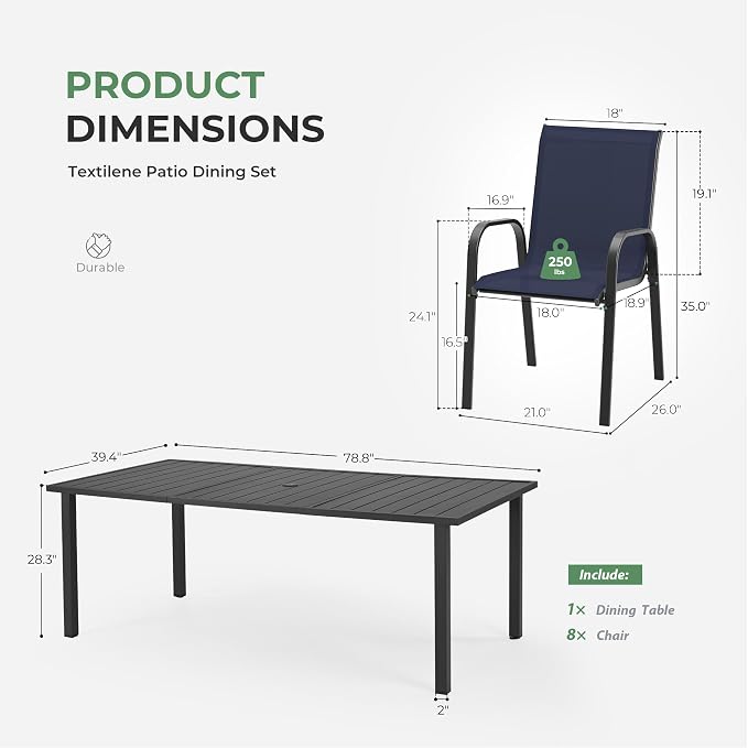 Outdoor Dining Set for 8, Patio Dining Set with Textilene Dining Chairs, Metal Dining Table with Umbrella Hole, Stackable Outdoor Chairs for Garden, Patio, Poolside and Backyard, Navy Blue