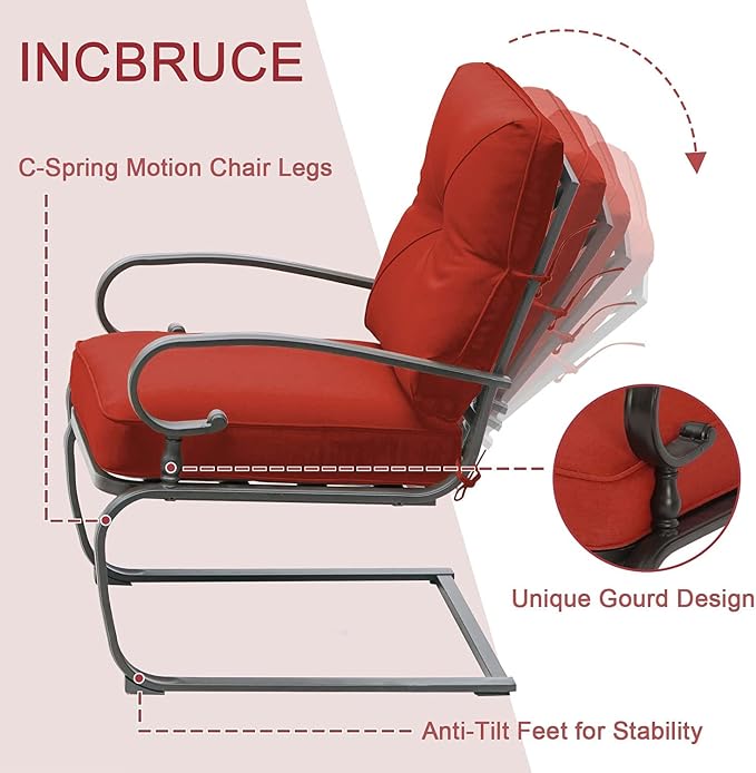Incbruce 5 Piece Wrought Iron Patio Furniture Set Metal Outdoor Conversation Sets (Loveseat, Coffee Table and Bistro Table, 2 Spring Chair) with Cushion (Red)