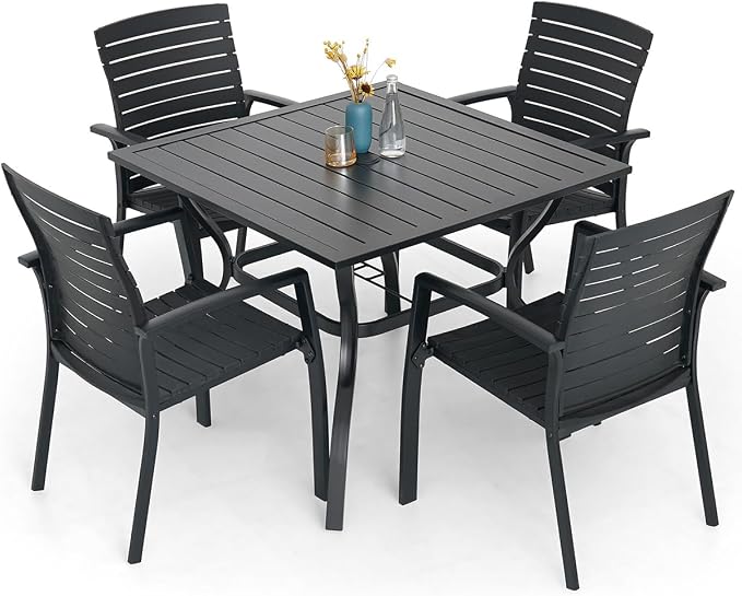 5 Piece Patio 35" Square Table and Aluminum Chairs Dining Set for 4 Person | Aluminum Frame Chairs, Resin Chair Seat, Resin Chair Back, 4 Piece Stackable Chairs, 1 Piece Black Metal Table, 4 Person Set
