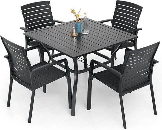 5 Piece Patio 35" Square Table and Aluminum Chairs Dining Set for 4 Person | Aluminum Frame Chairs, Resin Chair Seat, Resin Chair Back, 4 Piece Stackable Chairs, 1 Piece Black Metal Table, 4 Person Set