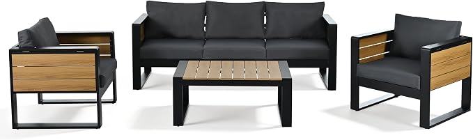 Merax Large 4-Piece Outdoor Patio Furniture Set for 5 Person, 3-Seater Sofa, 2 Armchairs with Fold-Out Side Tables, Aluminum Frame & Plastic-Wood, Modern Garden/Patio Seating, Grey Cushions