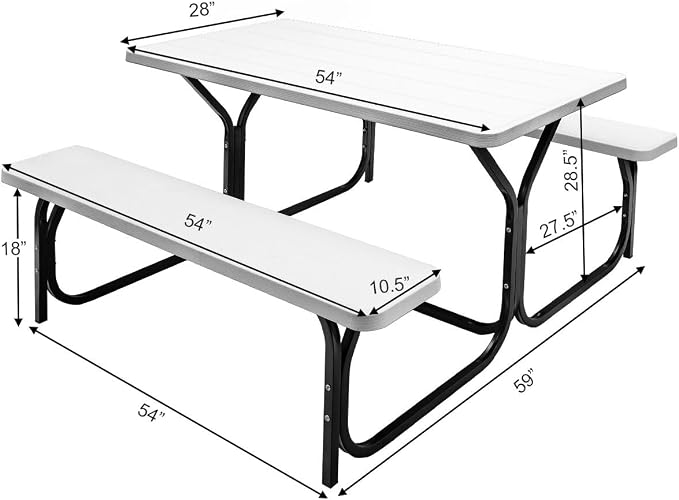 Picnic Table, Camping Portable Picnic Table Bench Set for 4 Persons, Heavy-Duty Steel Frame & Resin Tabletop, All Weather Outdoor Picnic Tables for Patio Travel BBQ Party Garden (White)
