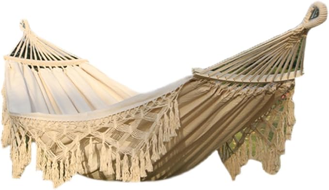 Camping Hammock with Tassels, Portable Canvas Double Hammock with Tree Straps, 108x59in Heavy Duty 330 lbs for Backyard Outdoor Beach Patio White