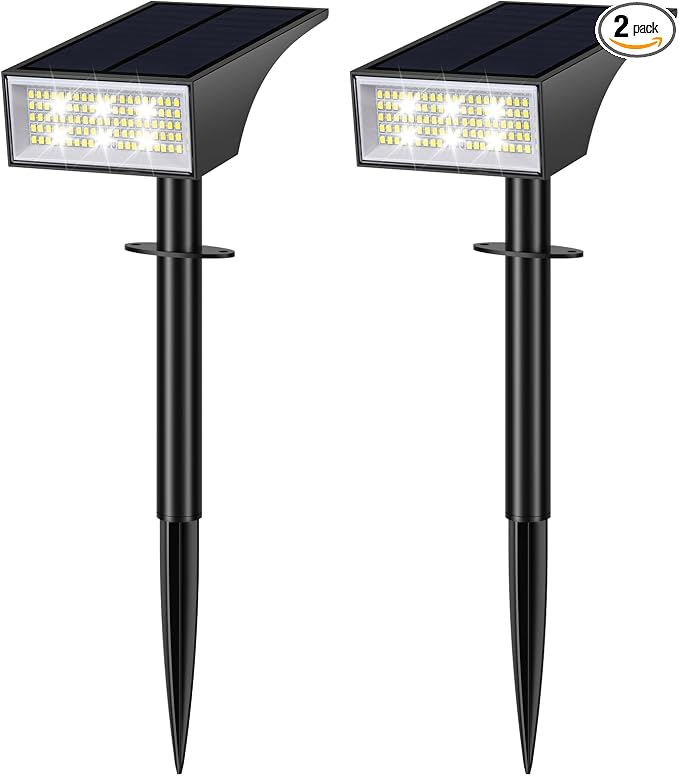 Solar Spot Lights Outdoor Waterproof with Power Display, 2 Pack Cool White | IP65, 4-Level Battery Indicator, 4 Modes Auto On/Off,2-in-1 Mount, for Yard Garden Pathway Walkway Tree Patio Driveway