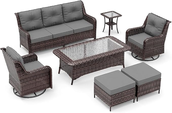 Kurapika 7-Piece Patio Furniture Set, Wicker Thick-Backed Outdoor Swivel Rocking Chair, Includes Coffee Table and Thick Cushions, Conversation Set for Porch,Patio, Gray