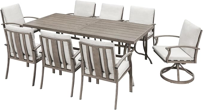 9-Piece Patio Dining Set, Never-Rust Aluminum Outdoor Dining Set for 8, Patio Furniture Sets, 6 Dining Chairs, 2 Swivel Dining Chairs for Decks, Garden, Backyard, Lawn, Limed Oak