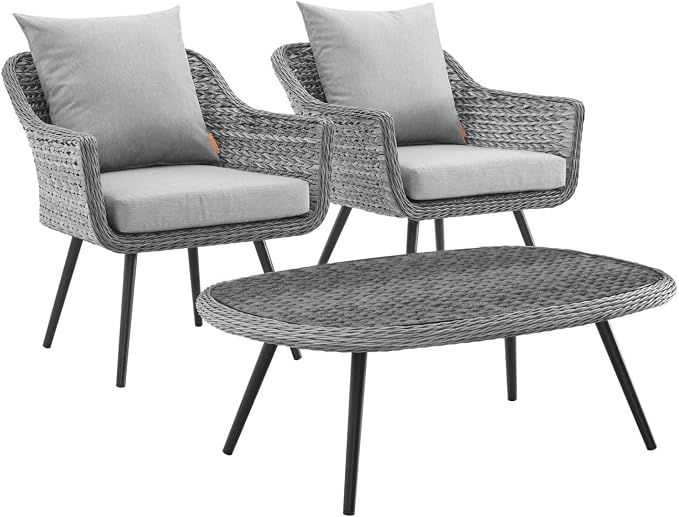 Modway EEI-3179-GRY-GRY-SET Endeavor 3 Piece Outdoor Patio Wicker Rattan Sectional Sofa Set, Gray