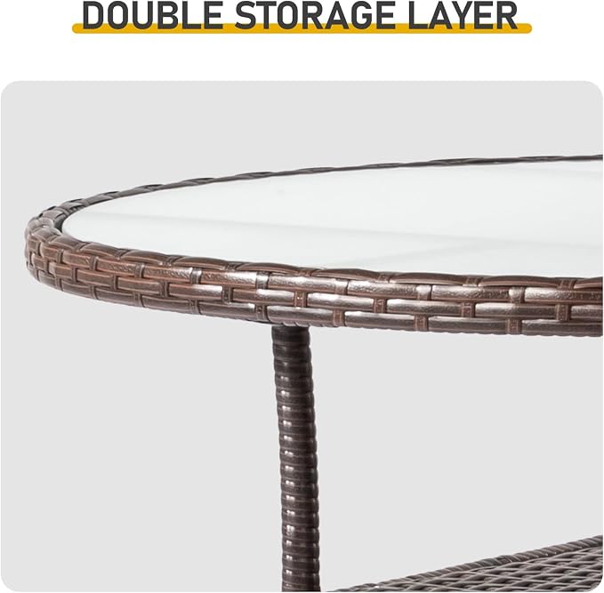 Patio Table for 4-Person with Glass Top, 31.5" Round Outdoor Wicker Dining Table, Double Layer Rattan Bistro Table for Backyard Deck Poolside, Outdoor Furniture Small Space, Brown