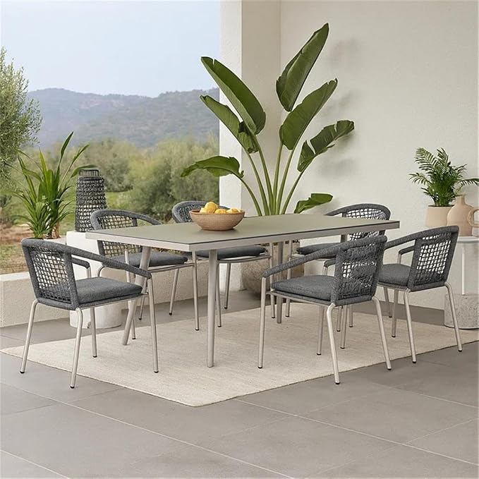 BOWERY HILL 7 Piece Outdoor Dining Set, Slate Gray Rope and Aluminum, Rectangular Table 73x36 in, Stackable Chairs with Fade Resistant Cushions, Contemporary Patio, Backyard, Poolside Dining