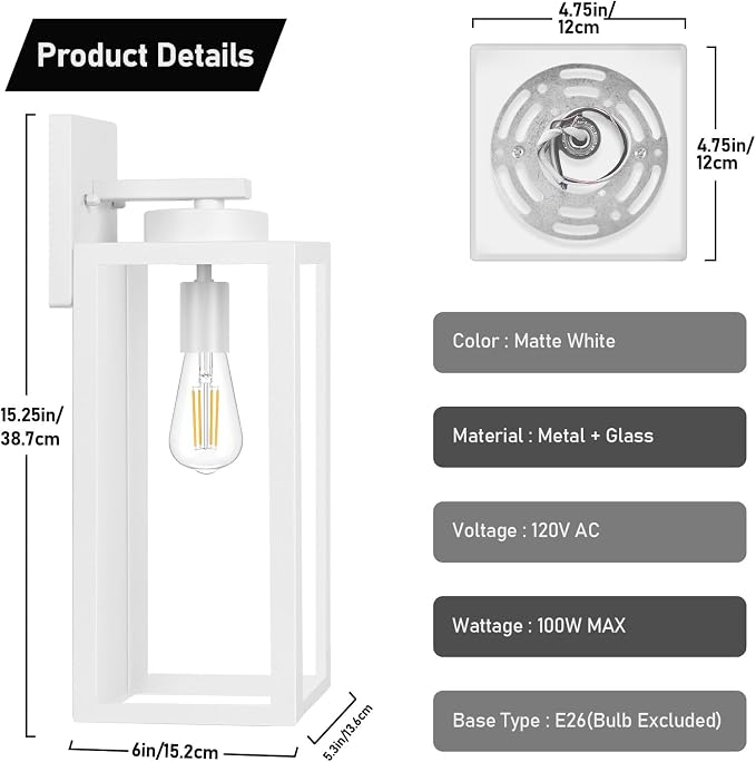 BesLowe 15’’ Large Outdoor Wall Lights, Modern White Exterior Wall Lanterns | Waterproof Metal Construction, Rust-resistant, Quick & Easy Installation, Clear Glass Shades & Standard E26 Socket