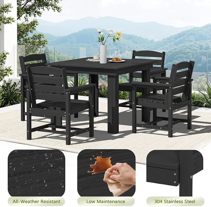 KINGYES HDPE Outdoor Dining Set for 4 with Umbrella, 6-Piece Square Patio Table & Armchairs, All-Weather for Backyard, Garden, Lawn & Poolside, Black