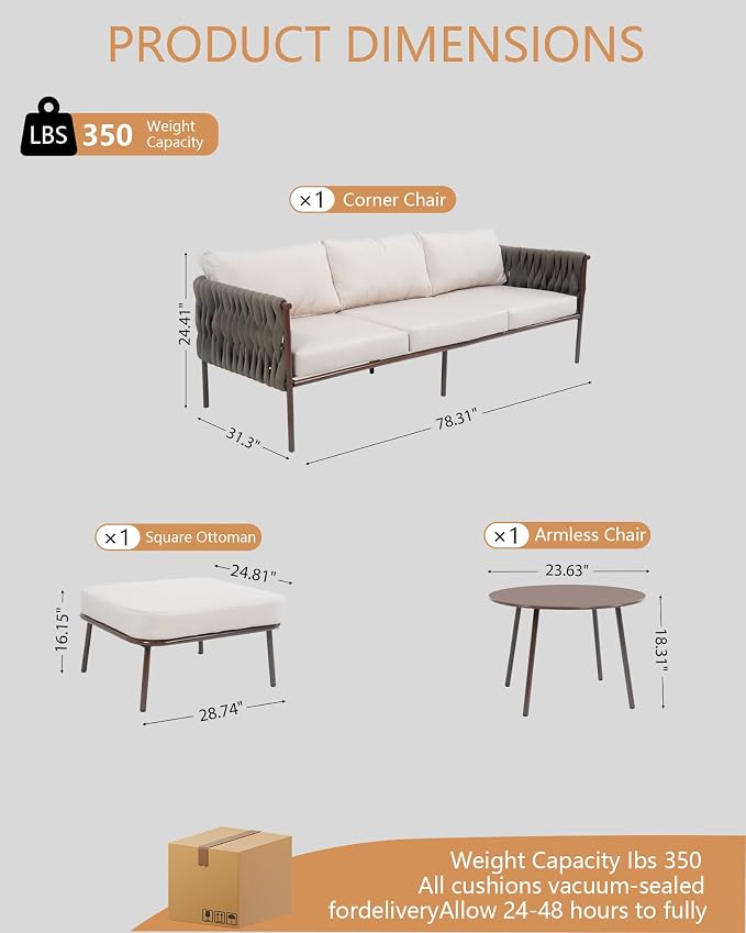 3 Piece Patio Furniture Set, Woven Rope Outdoor Sectional Sofa with Ottoman & Round Table, Deep Seating Patio Conversation Sets with Oversized 3-Seater Couch & Beige Washable Cushions