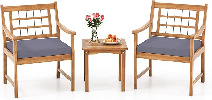HAPPYGRILL 3 Piece Acacia Wood Patio Conversation Set, Outdoor Bistro Set with Cushions, Solid Wood Frame, 2 Armchairs & Coffee Table Set for Backyard, Porch, Poolside (Gray)
