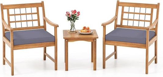 HAPPYGRILL 3 Piece Acacia Wood Patio Conversation Set, Outdoor Bistro Set with Cushions, Solid Wood Frame, 2 Armchairs & Coffee Table Set for Backyard, Porch, Poolside (Gray)