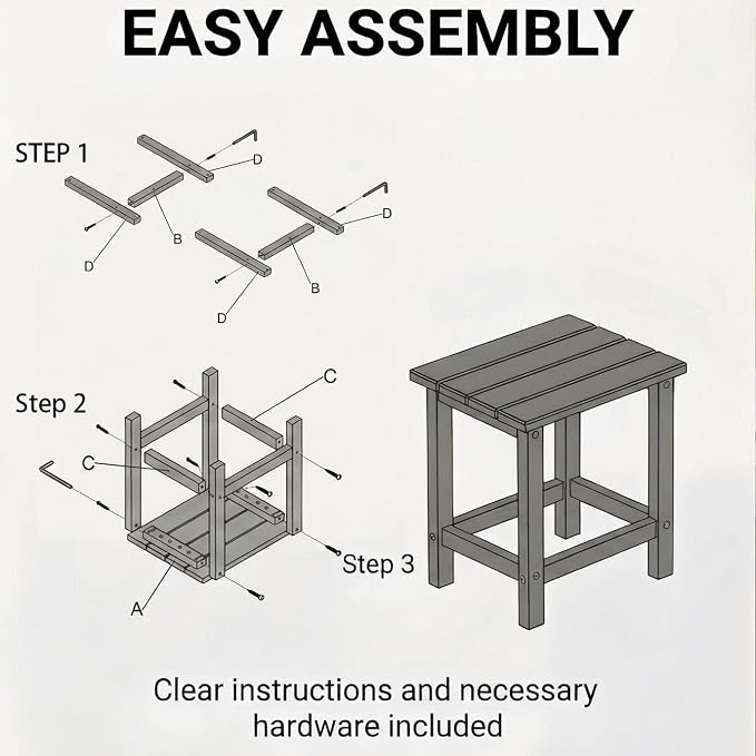 AMILY HDPE Outdoor Adirondack Side Table, Weather Resistant Patio End Table, Heavy Duty Rectangle Side Table for Garden, Balcony, Poolside, Easy Assembly (Grey)