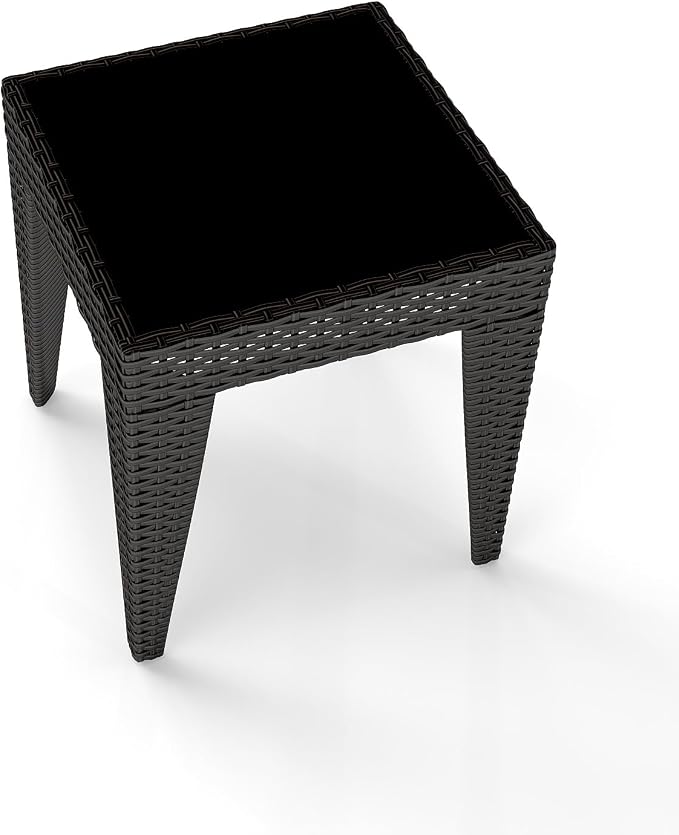 Kinfant Rattan Patio Side Table - Modern Wicker End Table, PE Coffee Table with Glass Top, Weather-Resistant Patio Furniture for Patio, Balcony, Garden, and Poolside (1, Rattan Black)
