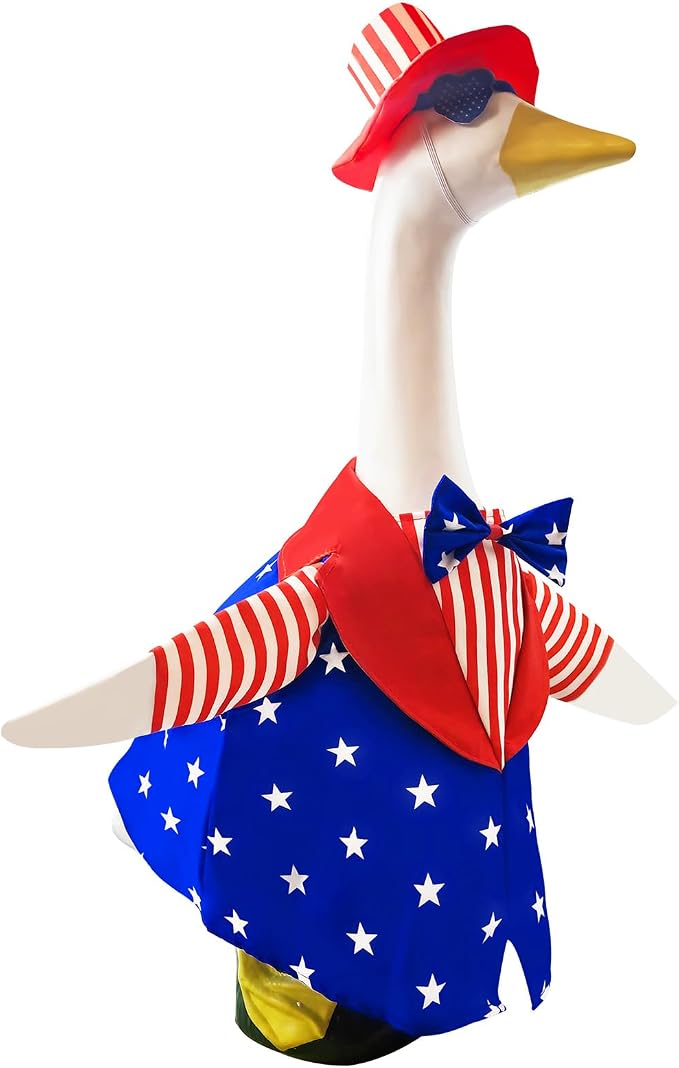 Porch Goose Outfit 4th of July Patriotic Summer Costume – Fits 23 Inch Concrete Cement Goose – Red White Blue Memorial Day Clothes