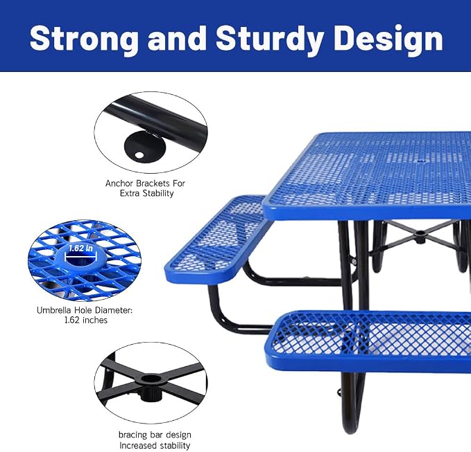46" Thermoplastic Picnic Table with Umbrella Hole up to 1.5", Heavy Duty Commercial Picnic Table for Outdoor, Family & Party Ready for School Camping, Square, Blue