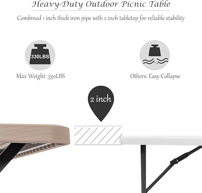 MEDIMALL Portable Picnic Table With Benches, Plastic Bench Set With Metal Frame & All Weather Tabletop, Large Camping Table for Outdoors, Backyard, Garden (Gray)