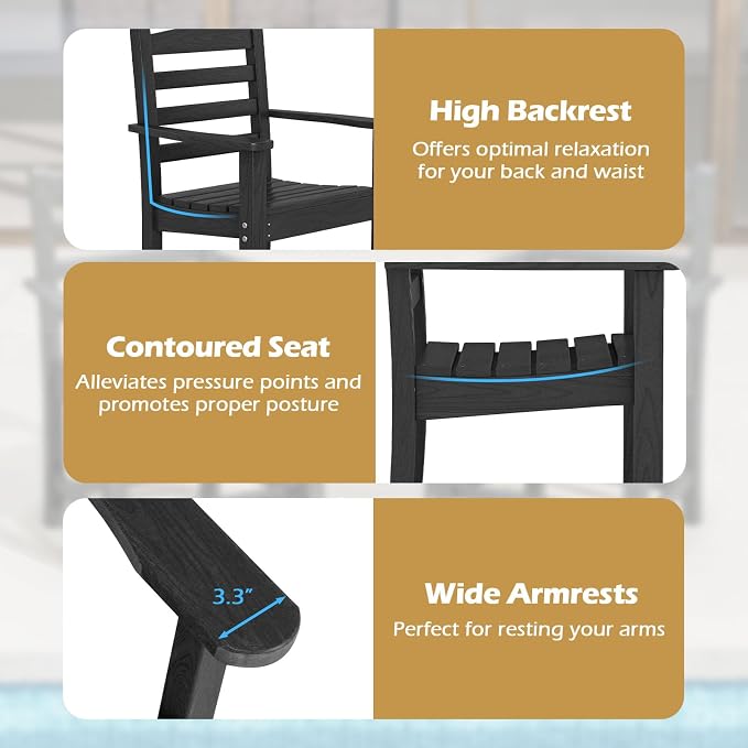Tangkula Patio Dining Chairs Set of 2, HDPE All Weather Outdoor Chair w/Wide Armrests, Curved Seat, Wood Grain, Plastic Porch Chair for Backyard, Garden, Front Porch, Poolside (Black, 2 Chairs)