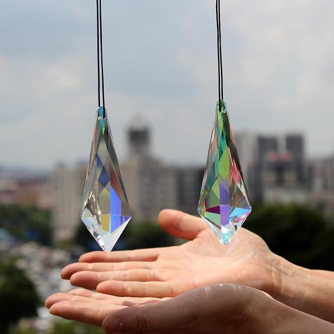 2PCS Cone Crystal Suncatcher Prisms for Windows (Lanky Cone) | AB Color, Transparent, K9 Glass, Rainbow Maker, with Hooks & Cord