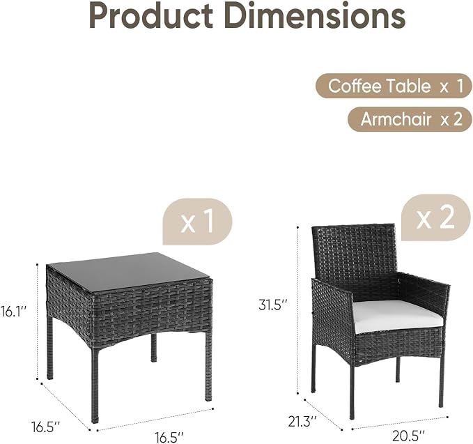 DUMOS 3 Piece Patio Furniture Set, All-Weather Outdoor Wicker Chairs with Removable Cushions & Tempered Glass Table, Small Bistro Set for Porch, Balcony, Lawn, Backyard Black