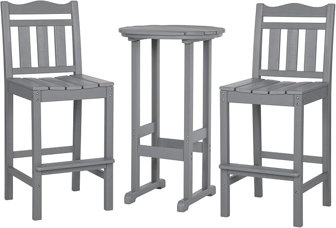 nalone Outdoor Bar Chairs and Table Set, HDPE Balcony Adirondack Chairs and Table 3 Pieces Set, Outdoor Bar Stools Set for Garden, Yard, Backyard